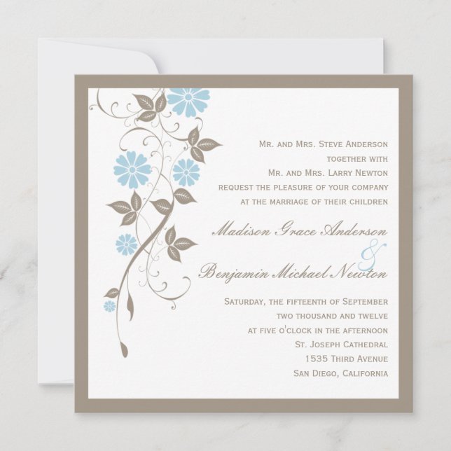 Faire-part de mariage floral moderne - Aqua Blue (Devant)