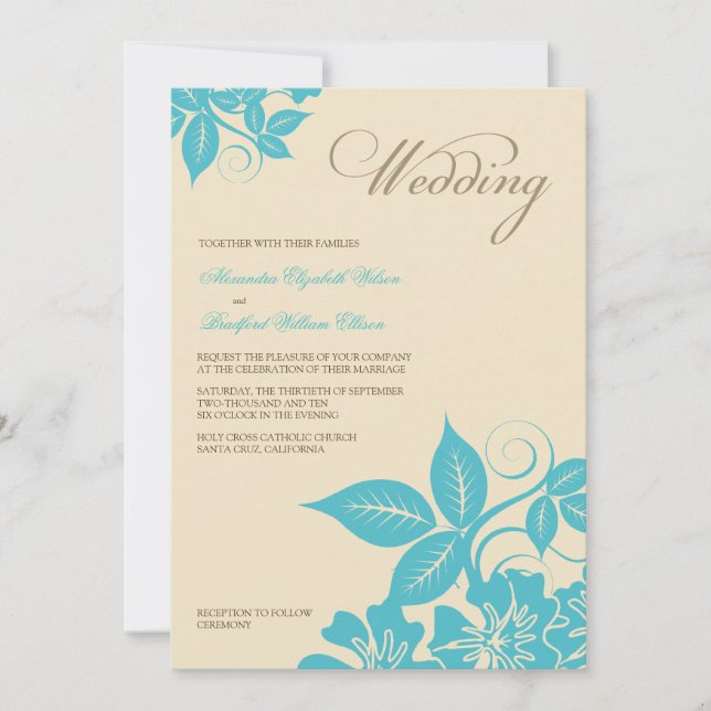 Faire-part de mariage floral moderne Aqua/Cram (Devant)
