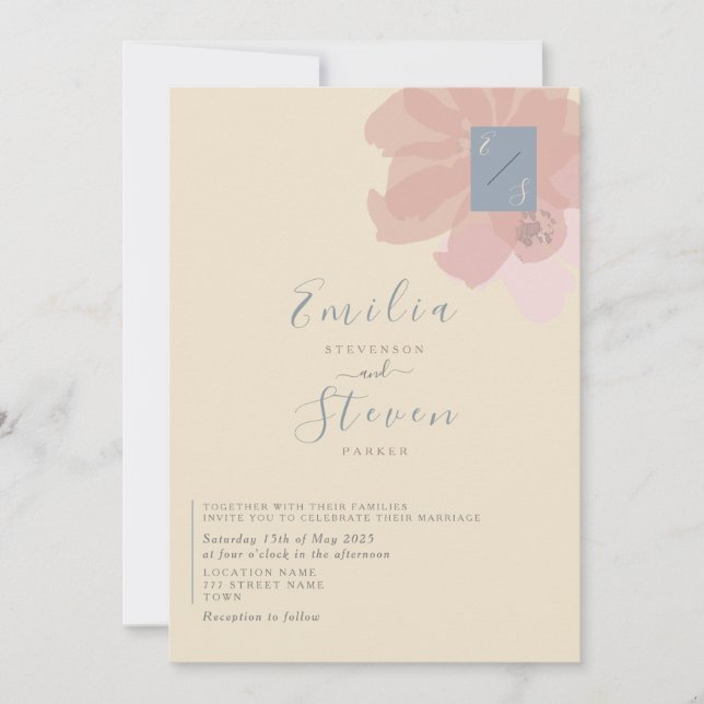 Faire-part de mariage floral moderne bleu rosé (Devant)