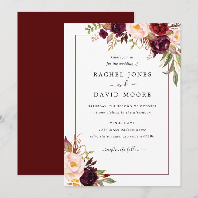 Faire-part de mariage floral moderne Bourgogne (Devant / Derrière)