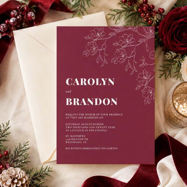 Faire-part de mariage floral moderne Cranberry (Cranberry Modern Floral Wedding Invitation)
