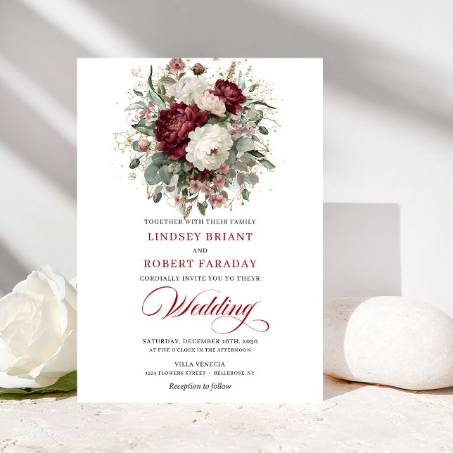 Faire-part de mariage floral moderne en blanc or b (Modern Burgundy White Gold Floral Wedding Invite)