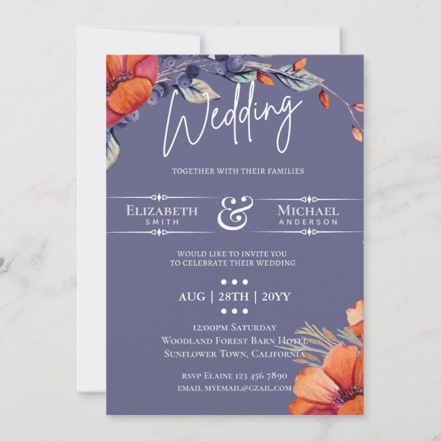 Faire-part de Mariage Floral Moderne Lavande Orang (Devant)