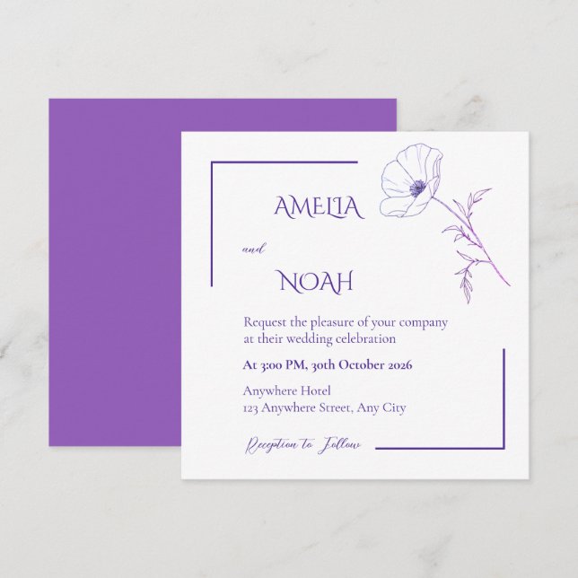 Faire-part de mariage floral moderne ligne pourpre (Devant / Derrière)