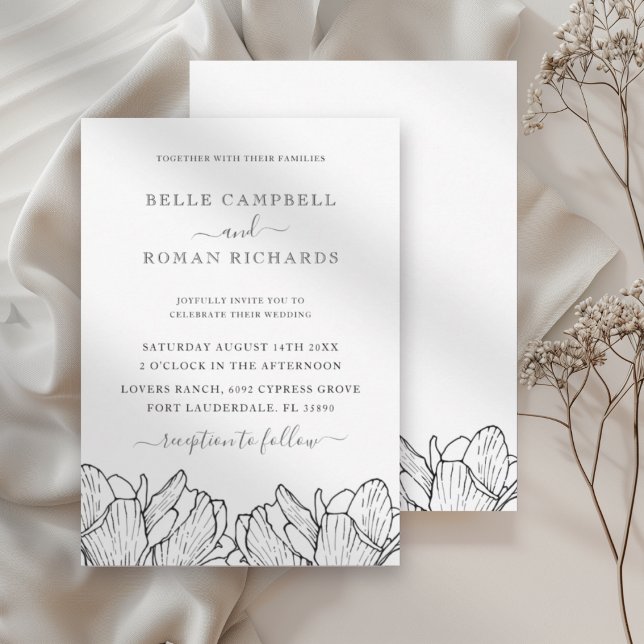Faire-part de mariage floral moderne noir et blanc (Créateur téléchargé)