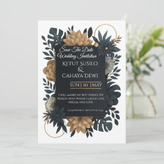 Faire-part de mariage floral moderne or et marine