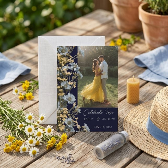 Faire-part de mariage floral moderne simple Navy (Créateur téléchargé)