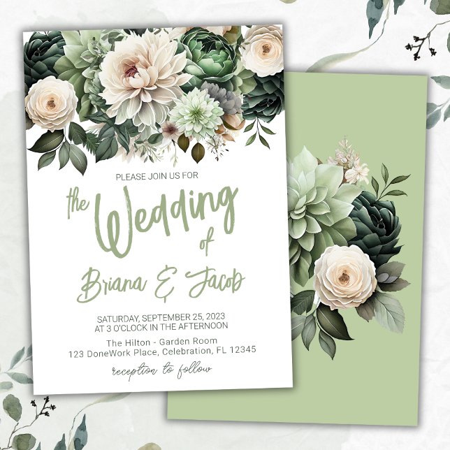 Faire-part de mariage floral moderne vert sauge (Créateur téléchargé)