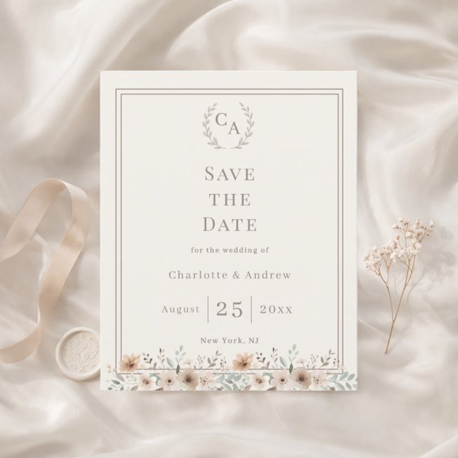 Faire part de mariage floral monogramme ivoire tau (Créateur téléchargé)