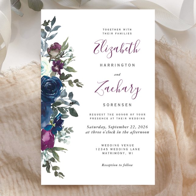 Faire-part de mariage floral Navy Blue et prune bu (Créateur téléchargé)