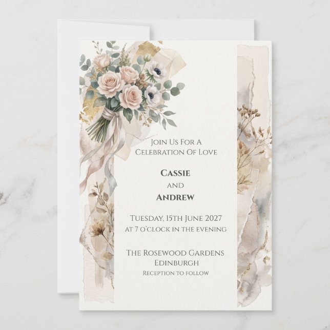 Faire-part de mariage floral neutre pêche (Devant)