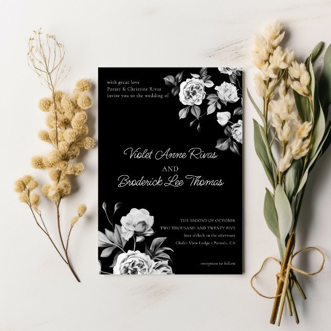 Faire-part de mariage Floral noir & blanc intempor (Créateur téléchargé)