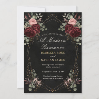 Faire-part de mariage floral noir, Bourgogne et or