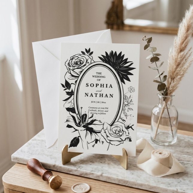 Faire-part de mariage floral noir et blanc (Créateur téléchargé)