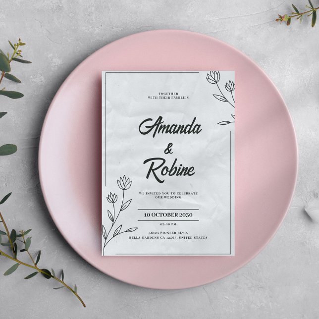 Faire-part de mariage floral noir et blanc minimal (Créateur téléchargé)