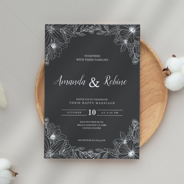 Faire-part de mariage floral noir et blanc minimal (Créateur téléchargé)