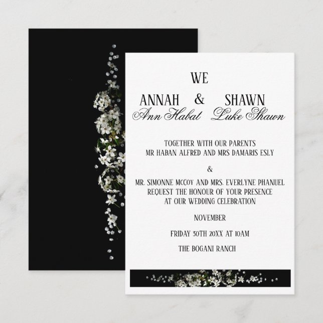 Faire-part de mariage floral noir et blanc moderne (Devant / Derrière)