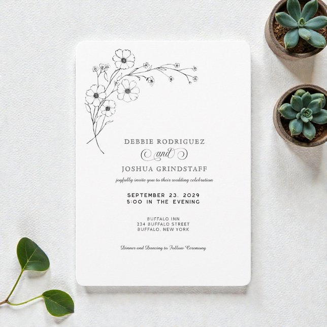 Faire-part de mariage floral noir et blanc simplis (Créateur téléchargé)