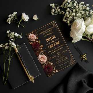 Faire-part de mariage floral noir et or élégant
