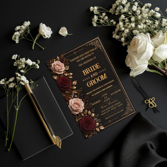 Faire-part de mariage floral noir et or élégant (Créateur téléchargé)