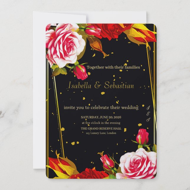 Faire-part de mariage floral noir et or humeur (Devant)