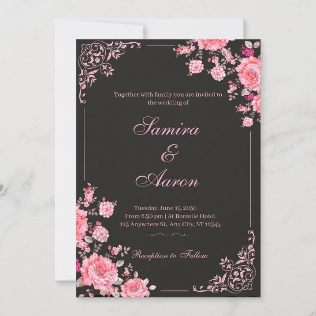 Faire-part de mariage floral noir et rose (Devant)
