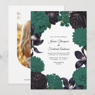 Faire-part de mariage floral noir et vert émeraude