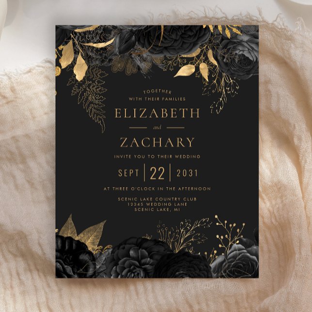 Faire-part de mariage floral noir or budget (Créateur téléchargé)