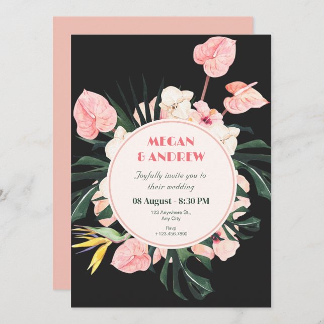 Faire-part de mariage floral noir rose (Devant / Derrière)
