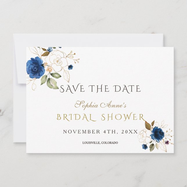 Faire-part de mariage floral or bleu Save The Date (Devant)