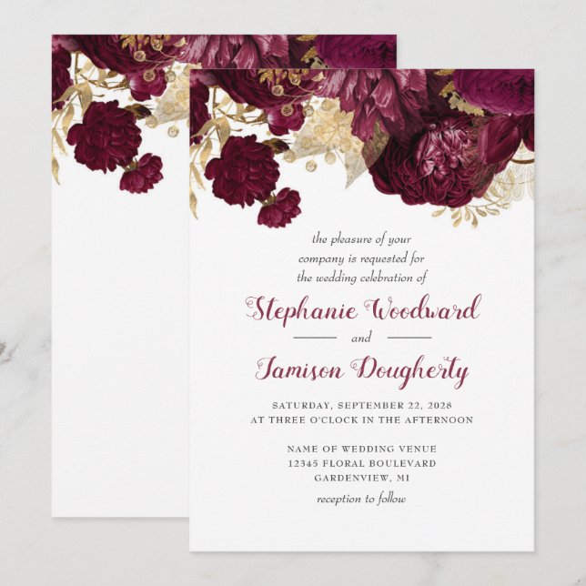 Faire-part de mariage floral or Bourgogne (Devant / Derrière)