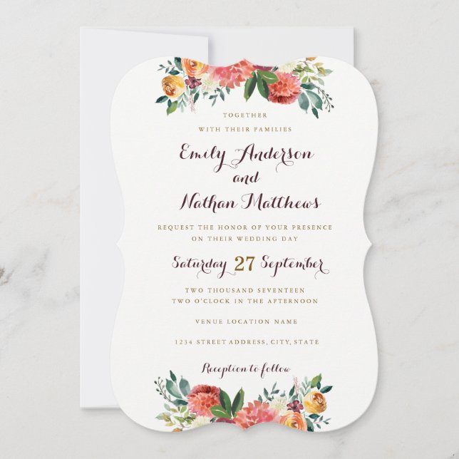 Faire-part de mariage floral or Bourgogne (Devant)