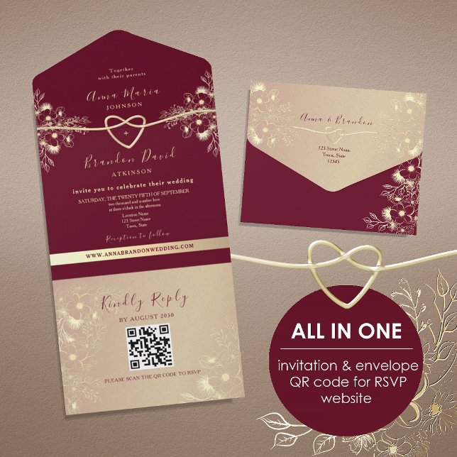 Faire-part de mariage floral or et bordeaux Code Q (Créateur téléchargé)