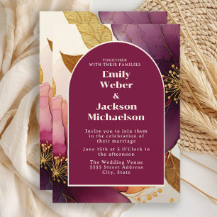 Faire-part de mariage floral or et bordeaux gras e