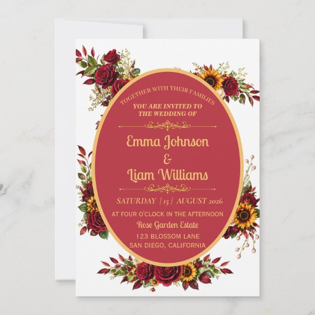 Faire-part de mariage floral or et Bourgogne (Devant)