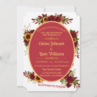 Faire-part de mariage floral or et Bourgogne
