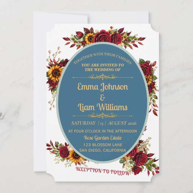 Faire-part de mariage floral or et Bourgogne (Devant)