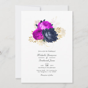 Faire-part de mariage floral or et marine magenta