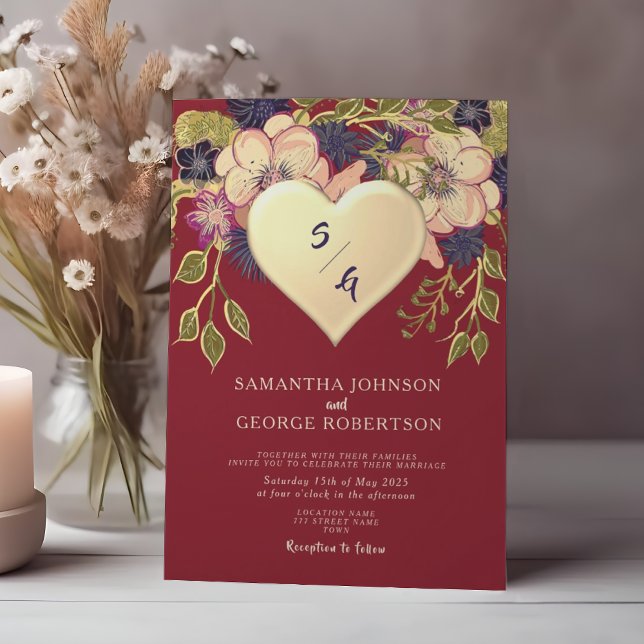 Faire-part de mariage floral or rose carmin (Créateur téléchargé)