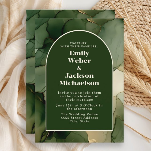 Faire-part de mariage floral or vert olive émeraud (Emerald/olive green wedding invitation)