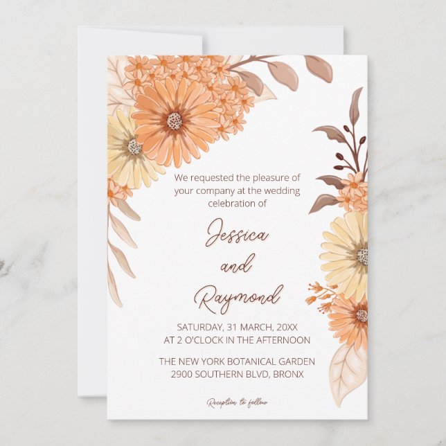 Faire-part de mariage floral orange Bohème Chic (Devant)