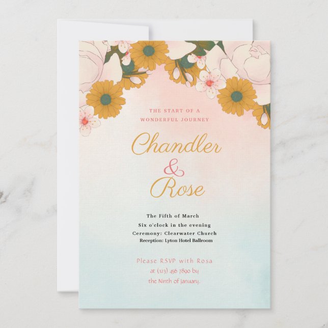Faire-part de mariage floral orange et rose (Devant)