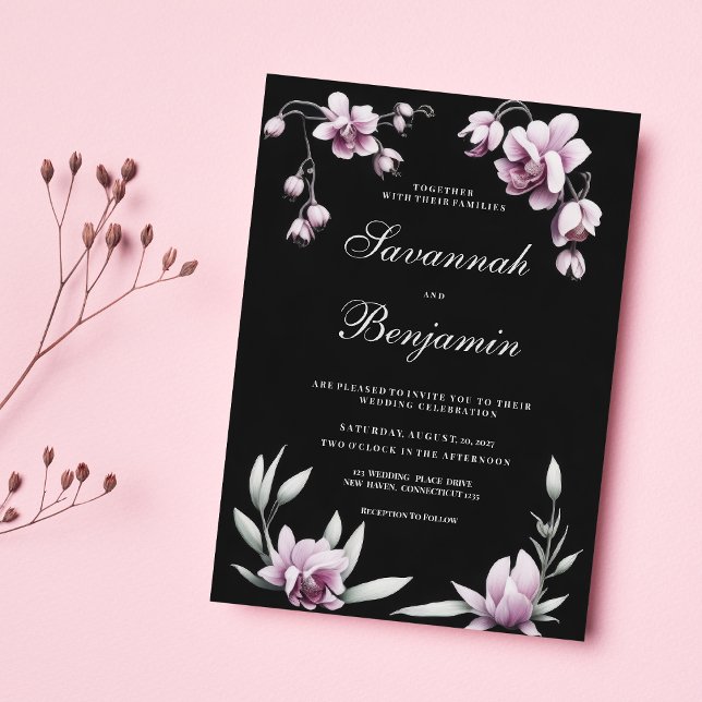Faire-part de mariage floral orchidée lilas noir a (Watercolor black lilac pink orchid floral wedding)