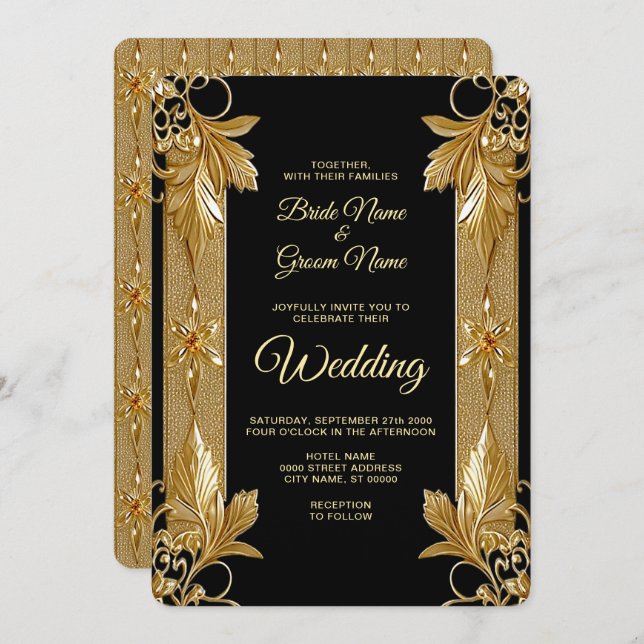 Faire-part de mariage Floral Orné Noir Or (Devant / Derrière)