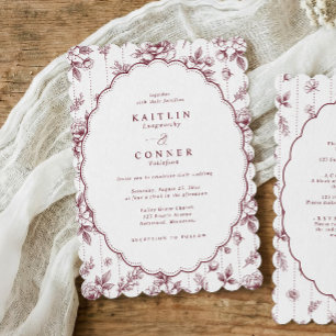 Faire-part de mariage floral ovale vintage bordeau