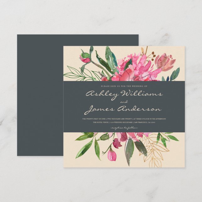 Faire-part de mariage floral Paeonia Ruby | Carré (Devant / Derrière)