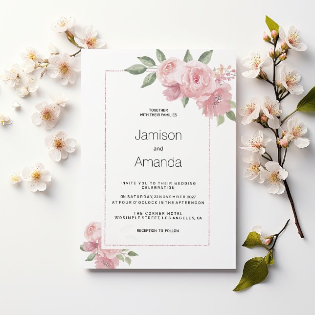 Faire-part de mariage floral pastel aquarelle (Watercolor botanic pastel pink floral Wedding )