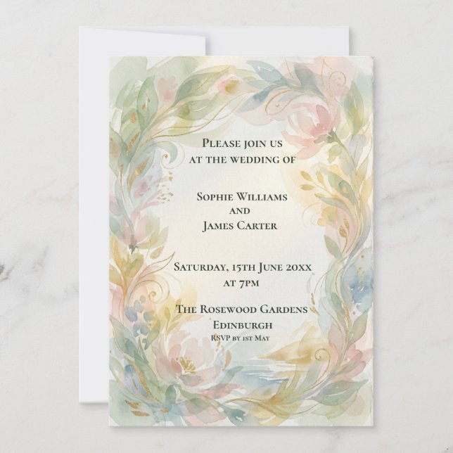 Faire-part de mariage floral pastel doux (Devant)