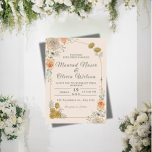 Faire-part de mariage floral pastel et or
