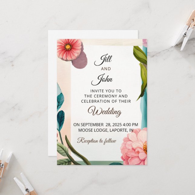 Faire-part de mariage floral pastel rose sarcelle  (Devant/Arrière en situation)